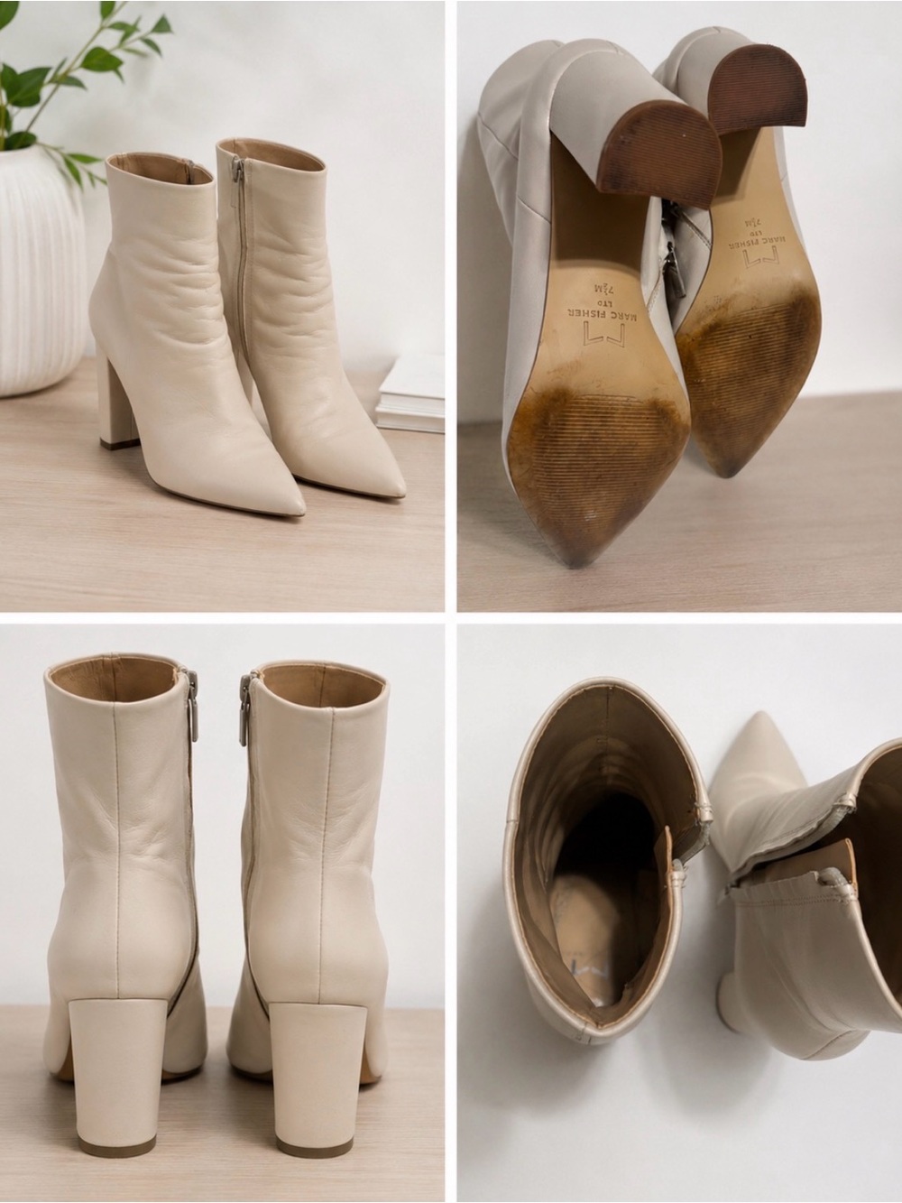 Marc Fisher Cream Pointed-Toe Block Heel Ankle Boots